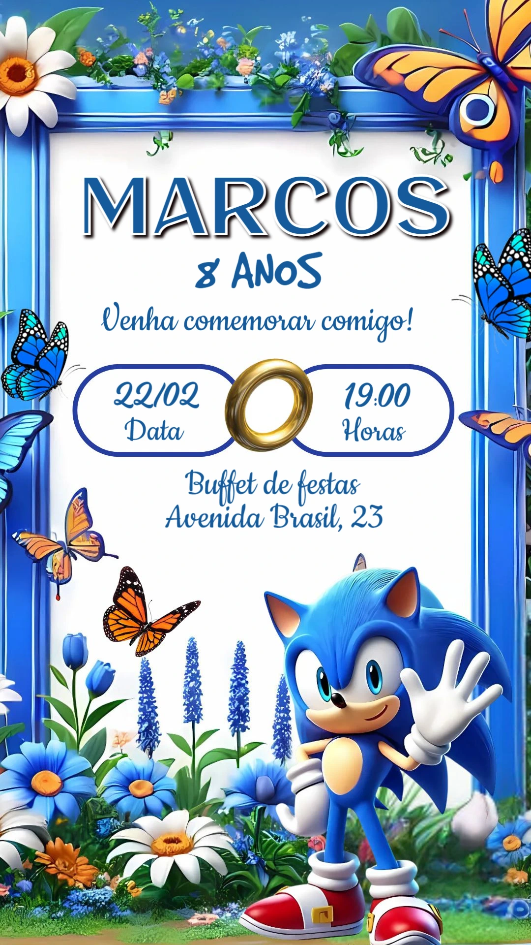 Convite de Aniversário Sonic com Flores para Editar Online