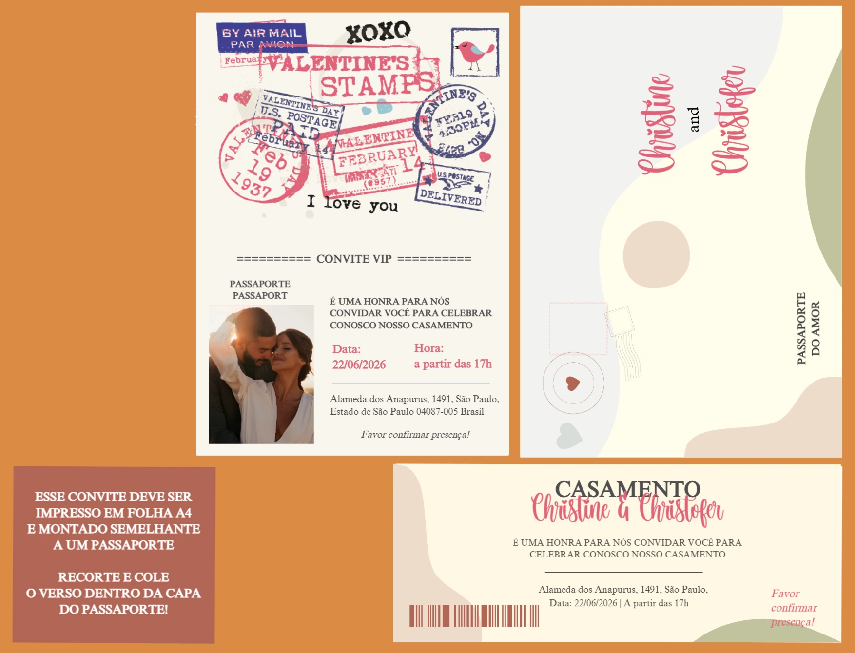 Convite de Casamento Editável Tema Viagem Estilo Passaporte