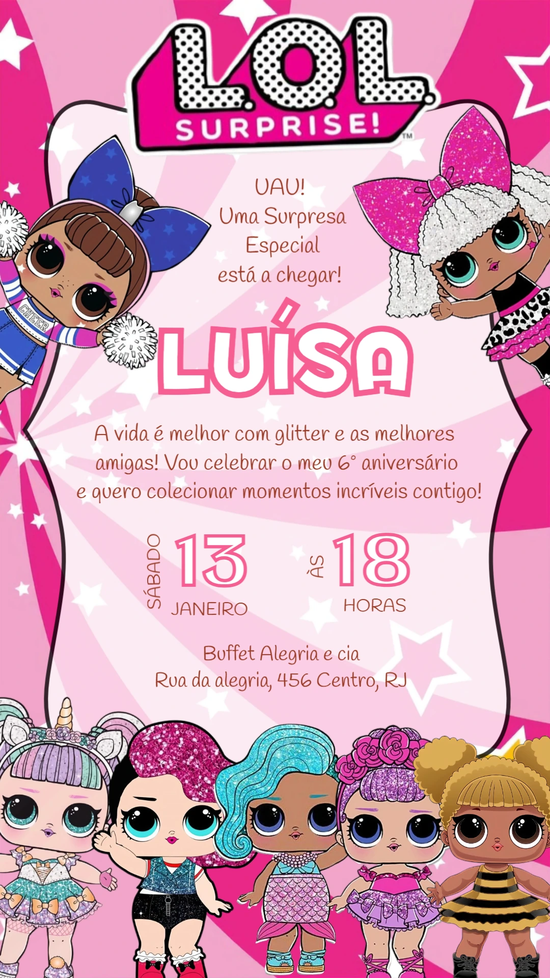 Convite de Aniversário LOL Surprise Rosa com Glitter para Editar