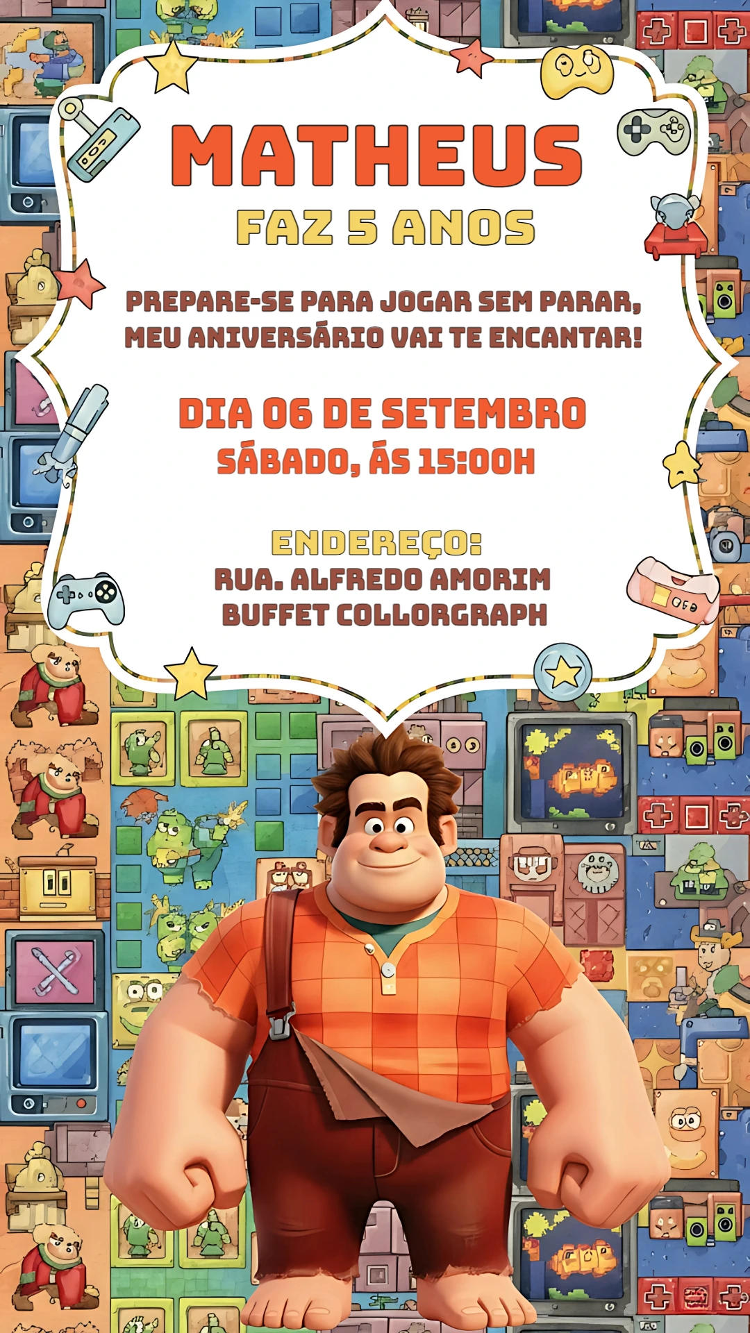 Convite de Aniversário Detona Ralph para Editar Online