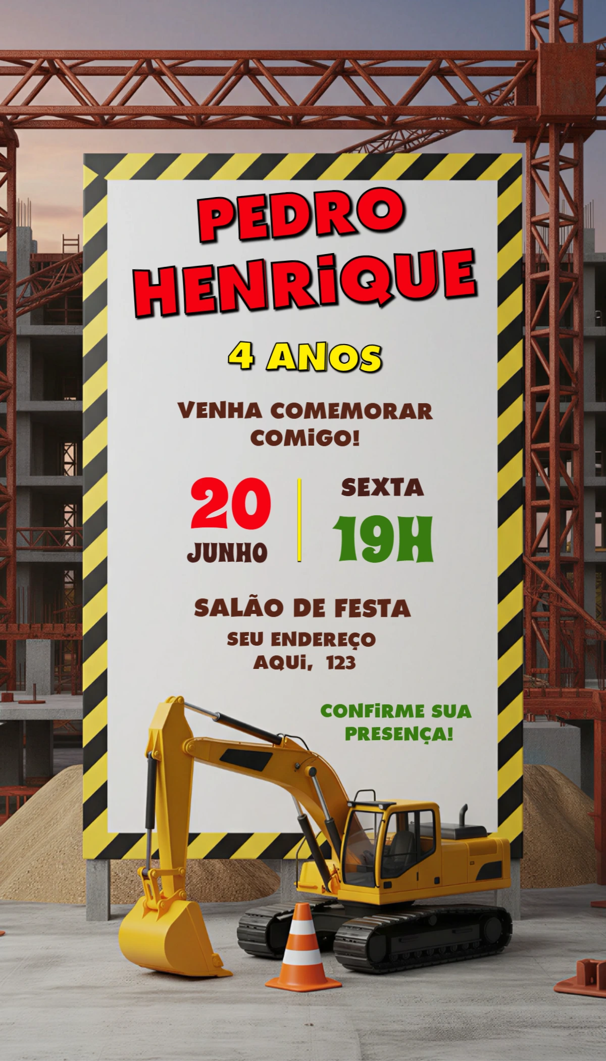 Convite de Aniversário Construção com Escavadeira para Editar