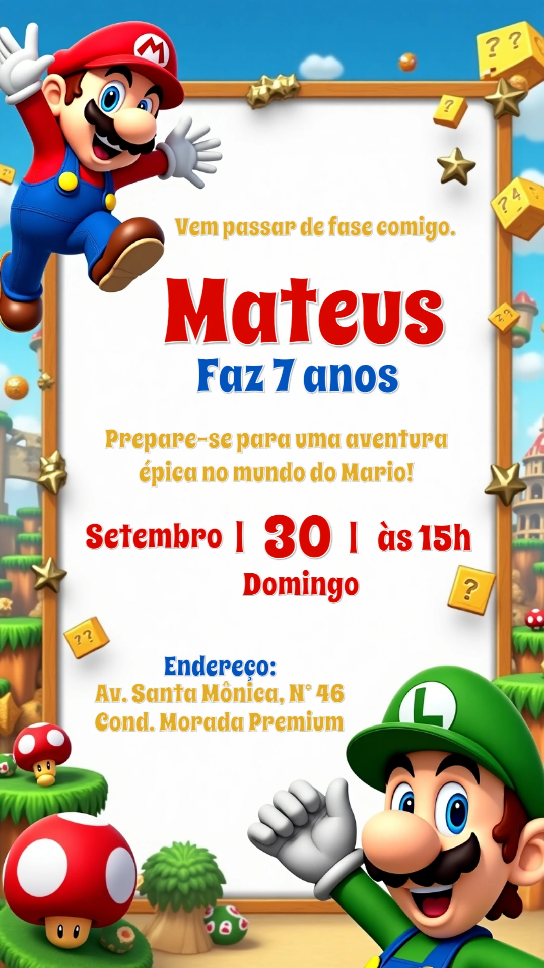 Convite de Aniversário Mario Bros e Luigi para Editar Online