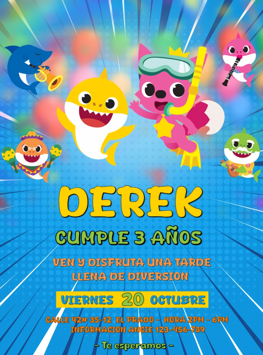 Invitación de Cumpleaños Baby Shark Colorida para Editar