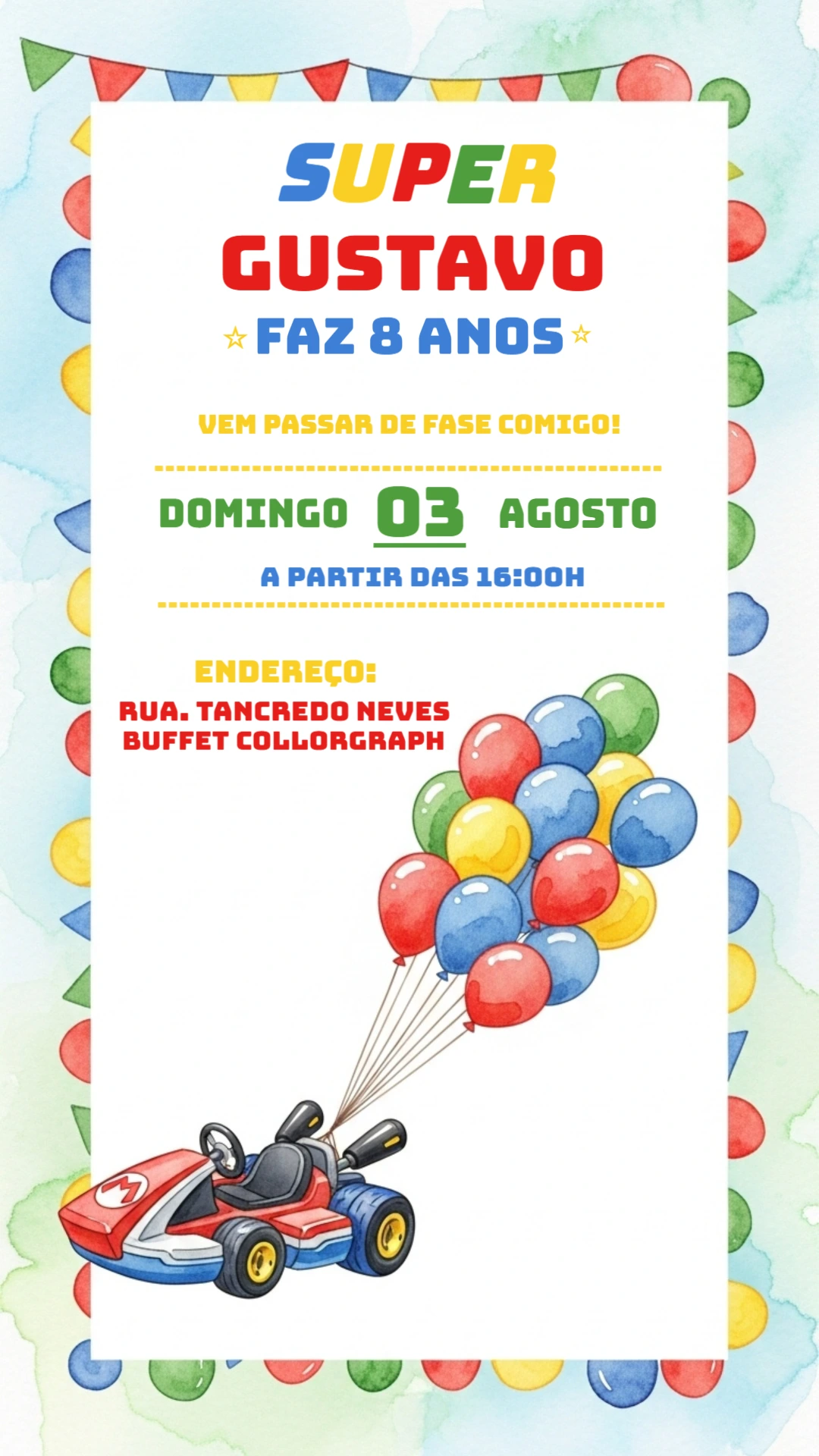 Convite de Aniversário Super Mario Kart para Editar Online