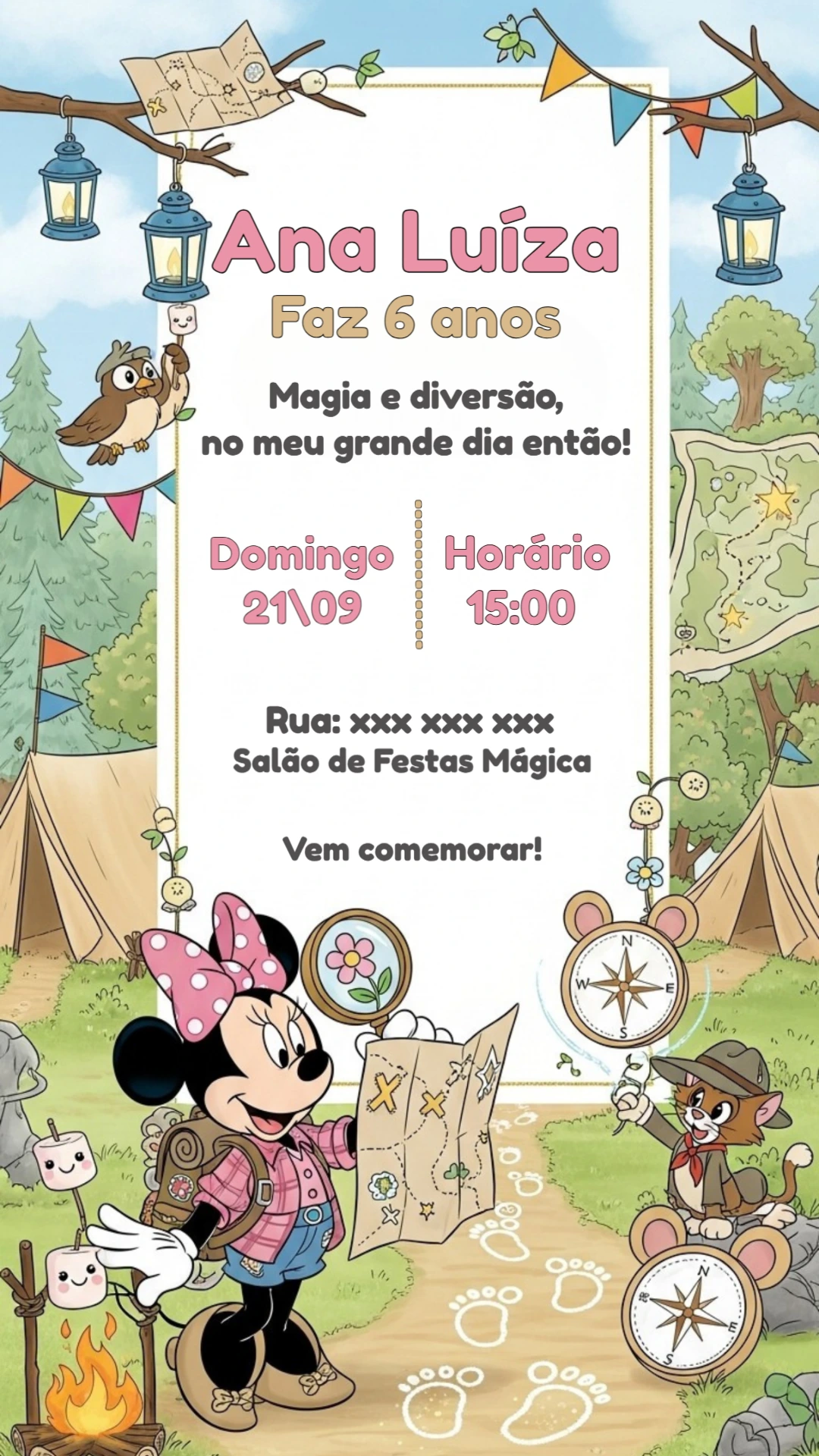 Convite Aniversário Minnie Aventureira para Editar Online