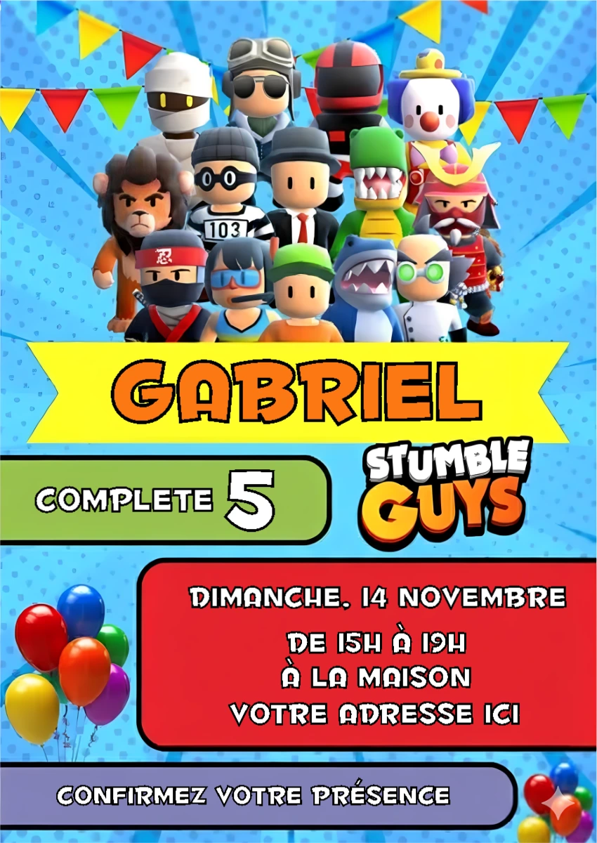 Invitation d'anniversaire Stumble Guys à Modifier en Ligne