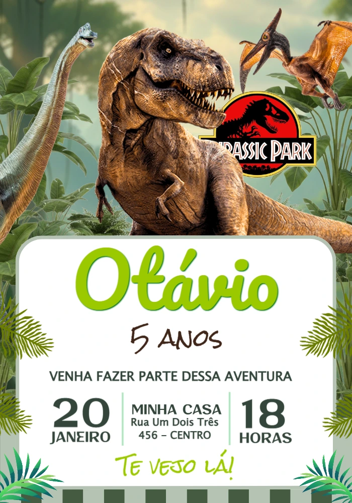 Convite de Aniversário Dinossauros do Jurassic Park Editável