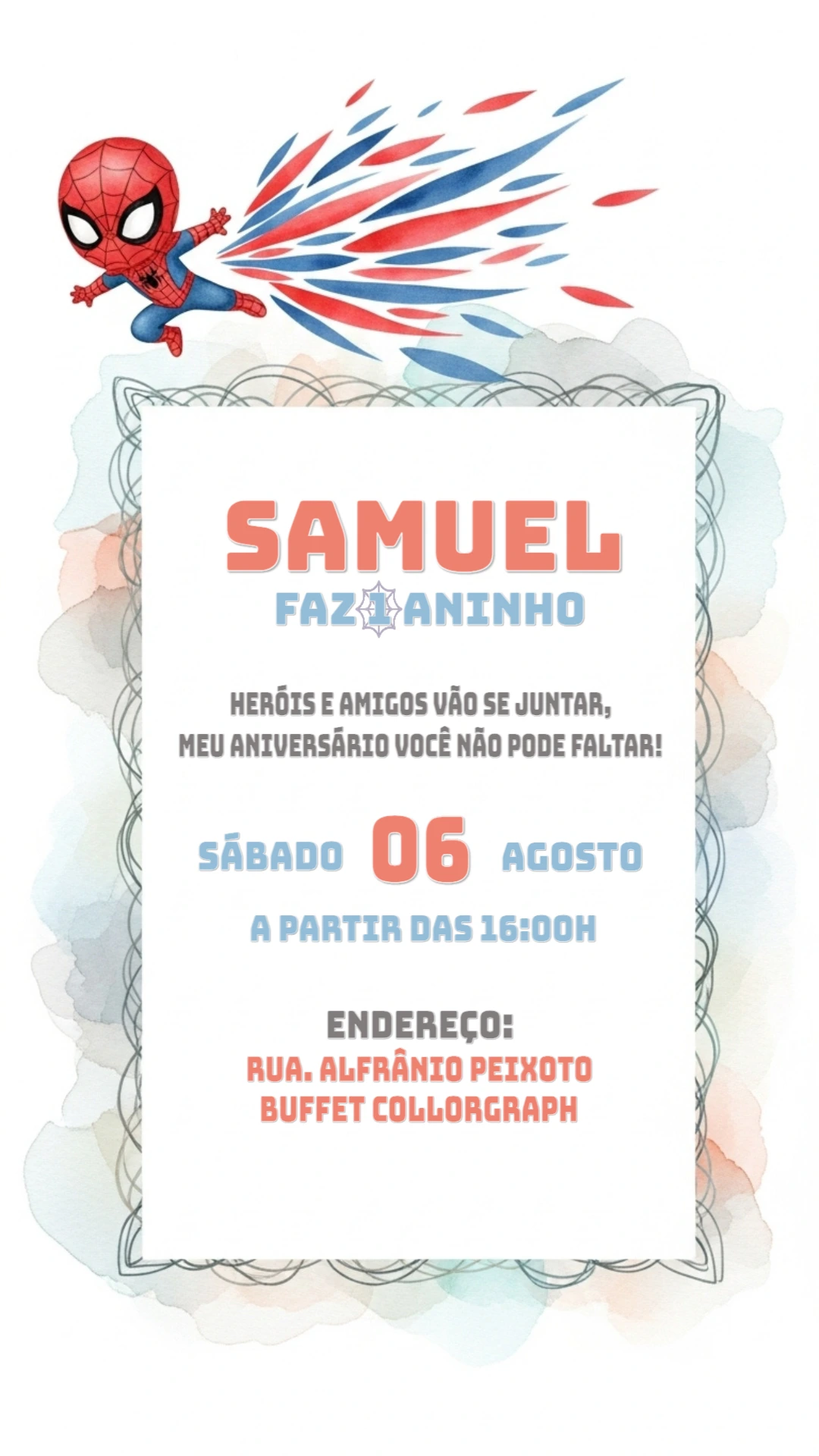 Convite Aniversário Homem Aranha Fofo para Editar Online