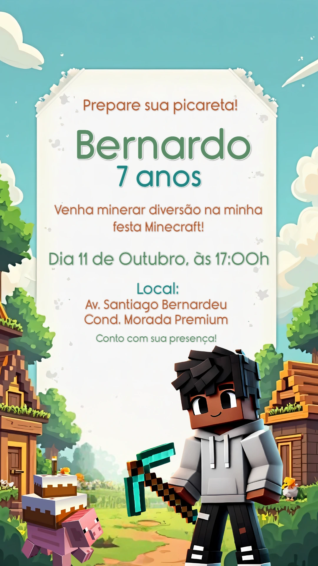 Convite de Aniversário Minecraft com Personagem para Editar