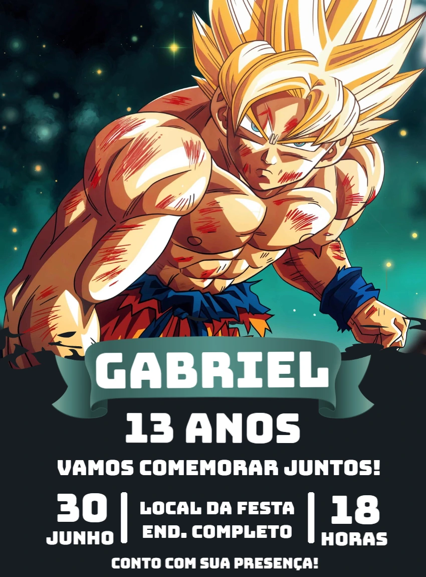 Convite de Aniversário Dragon Ball Z Goku Editável