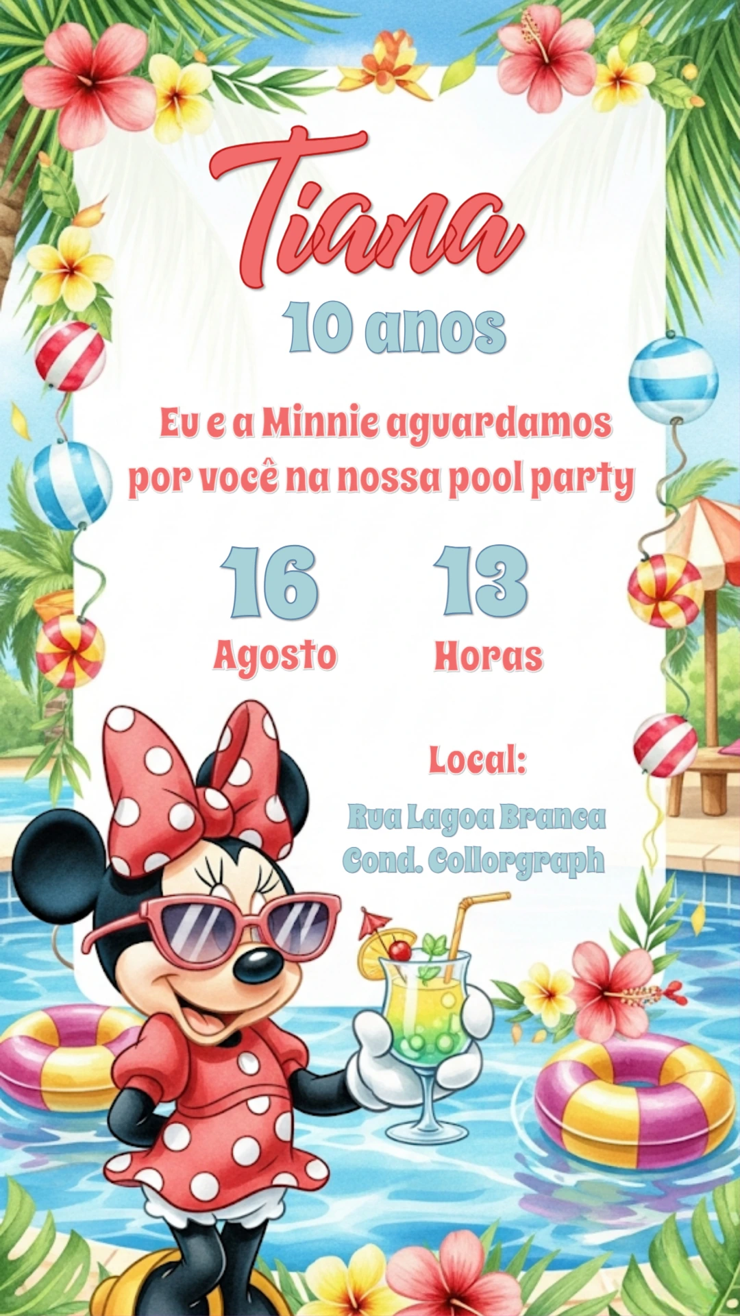 Convite Aniversário Minnie Pool Party para Editar Online