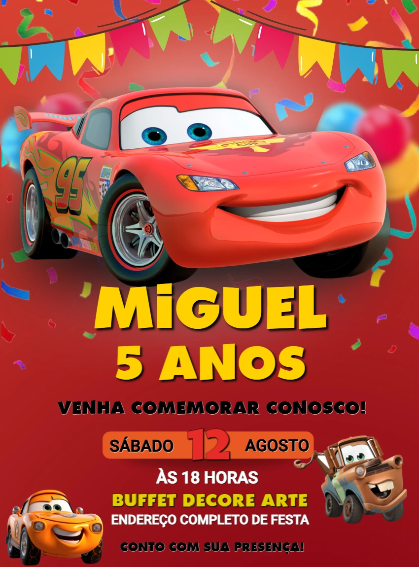 Convite de Aniversário Carros Disney Editável Online