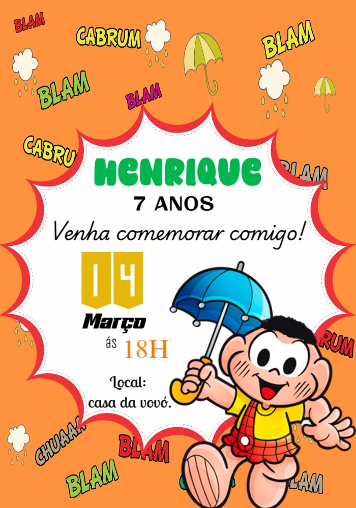 Convite de Aniversário Cascão Turma da Mônica para Editar