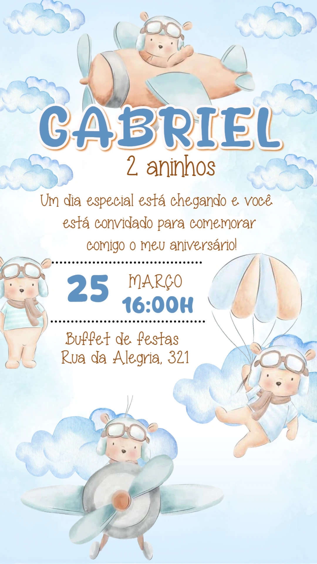 Convite Aniversário Aviador Ursinho para Editar Online