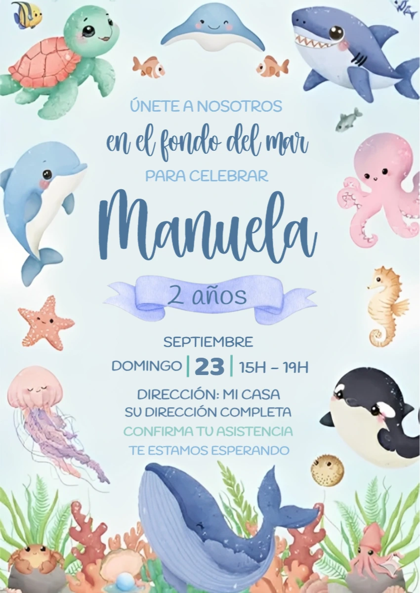 Invitación de Cumpleaños Fondo del Mar Acuarela para Editar