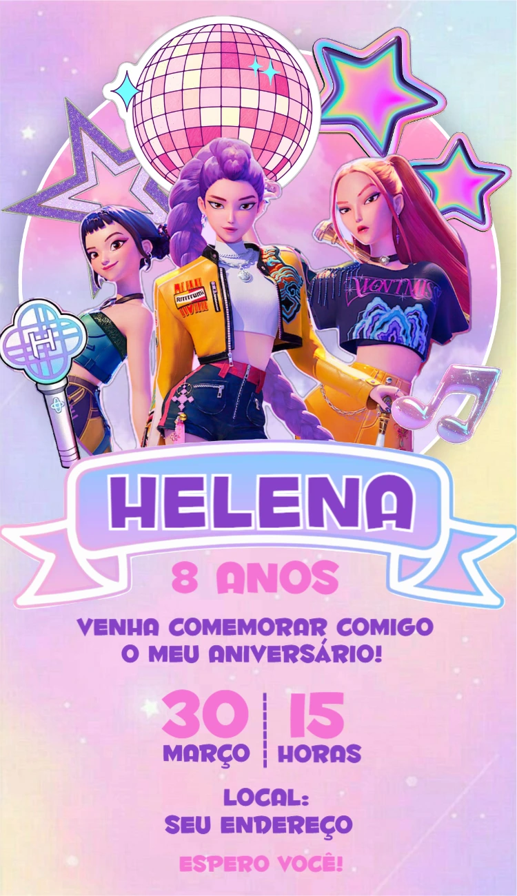 Convite de Aniversário Guerreiras do K-Pop Popstar Modelo Editável