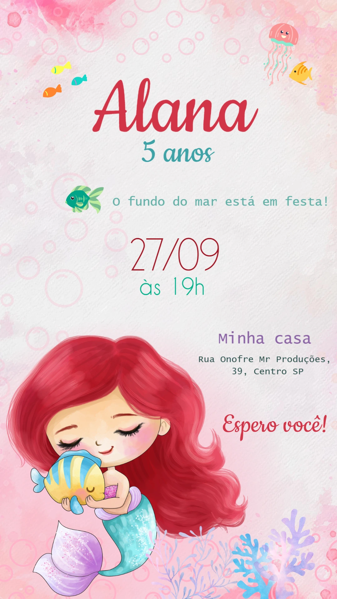 Convite Aniversário Pequena Sereia Cute para Editar Online