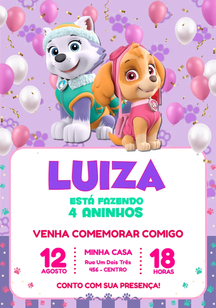 Convite Editável Patrulha Canina Menina Skye e Everest