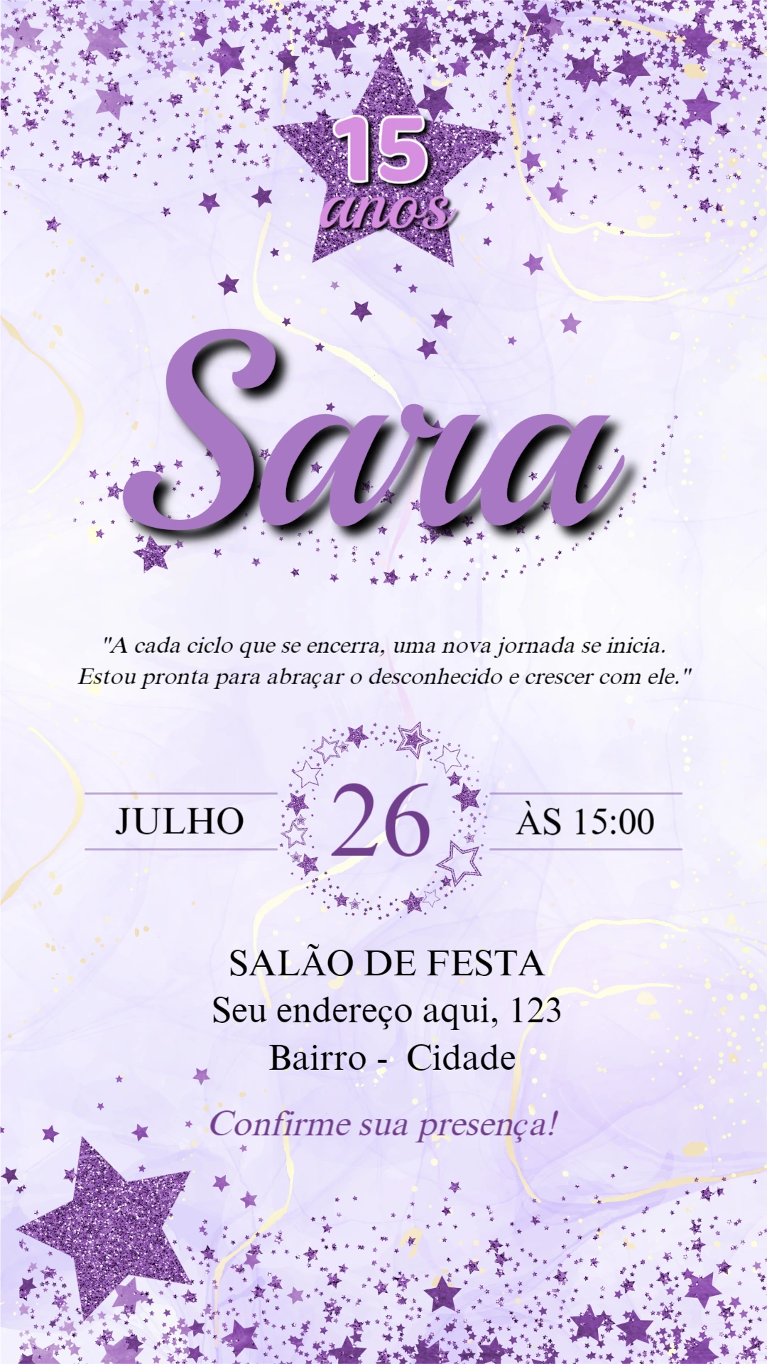 Convite de 15 Anos Estrelas e Glitter Roxo para Editar Online
