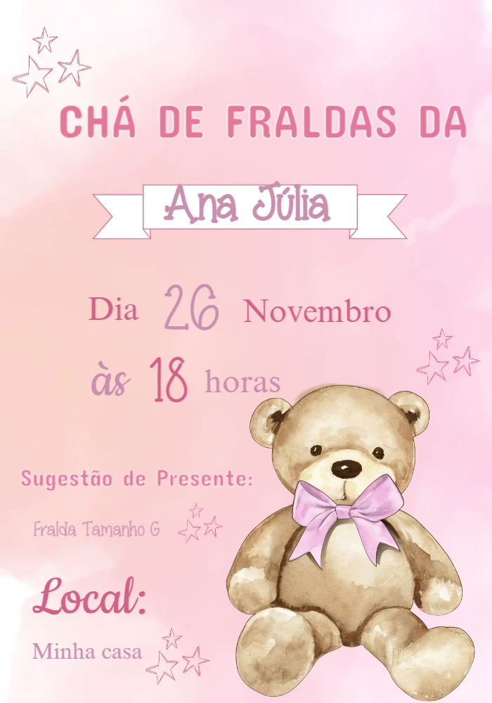 Convite Chá de Fraldas Ursinha Princesa para Editar Online