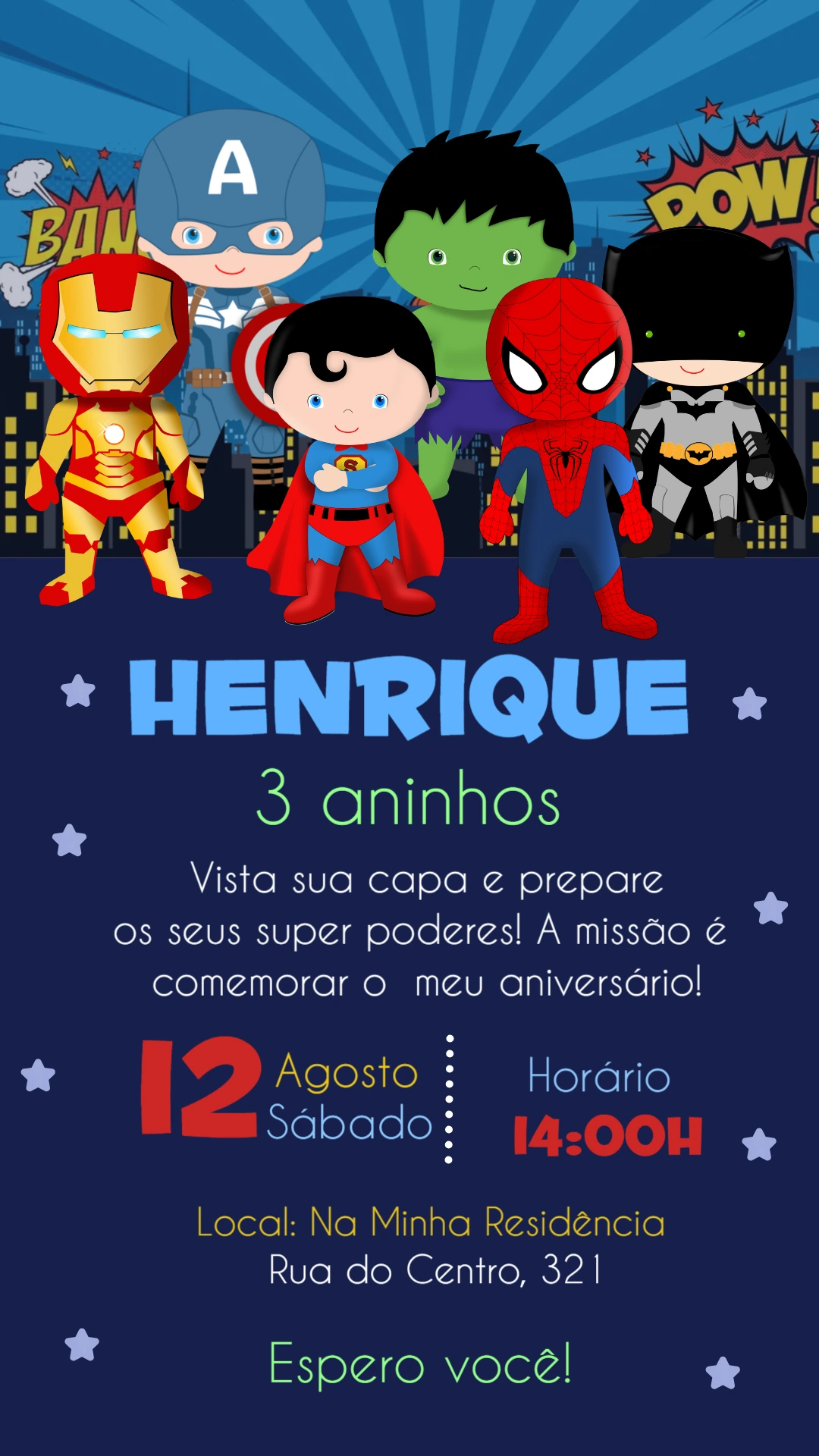 Convite de Aniversário Super Heróis para Editar Online