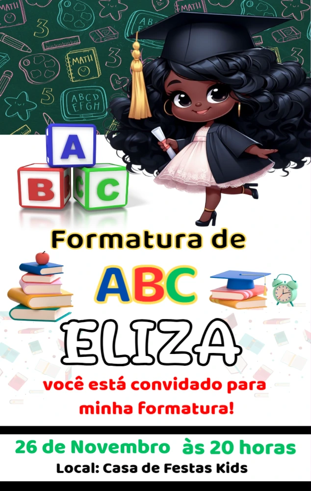 Convite Formatura ABC Menina Negra para Editar Online