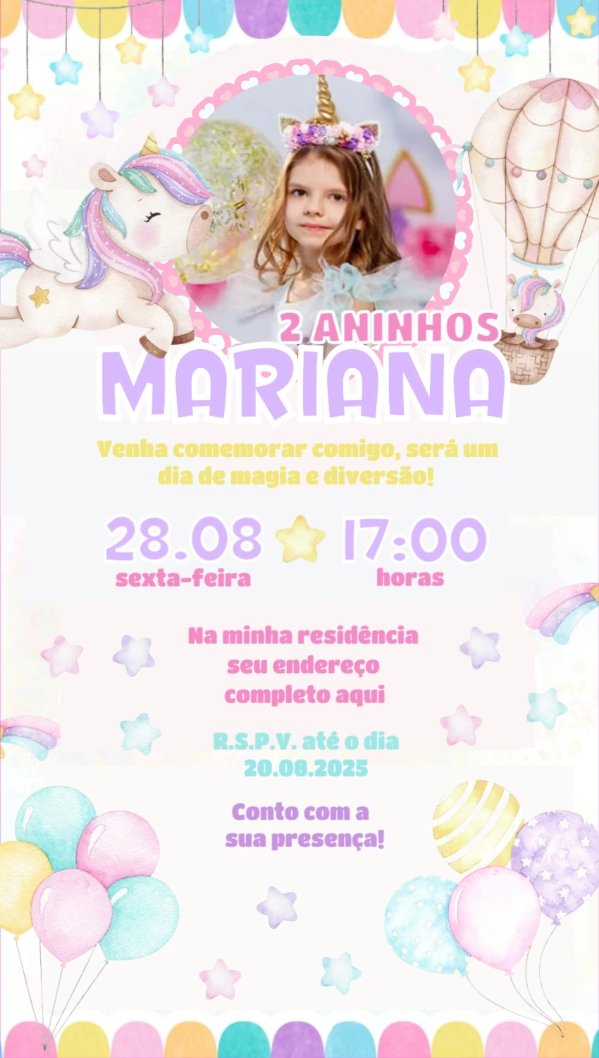Convite Aniversário Unicórnio com Foto para Editar Online