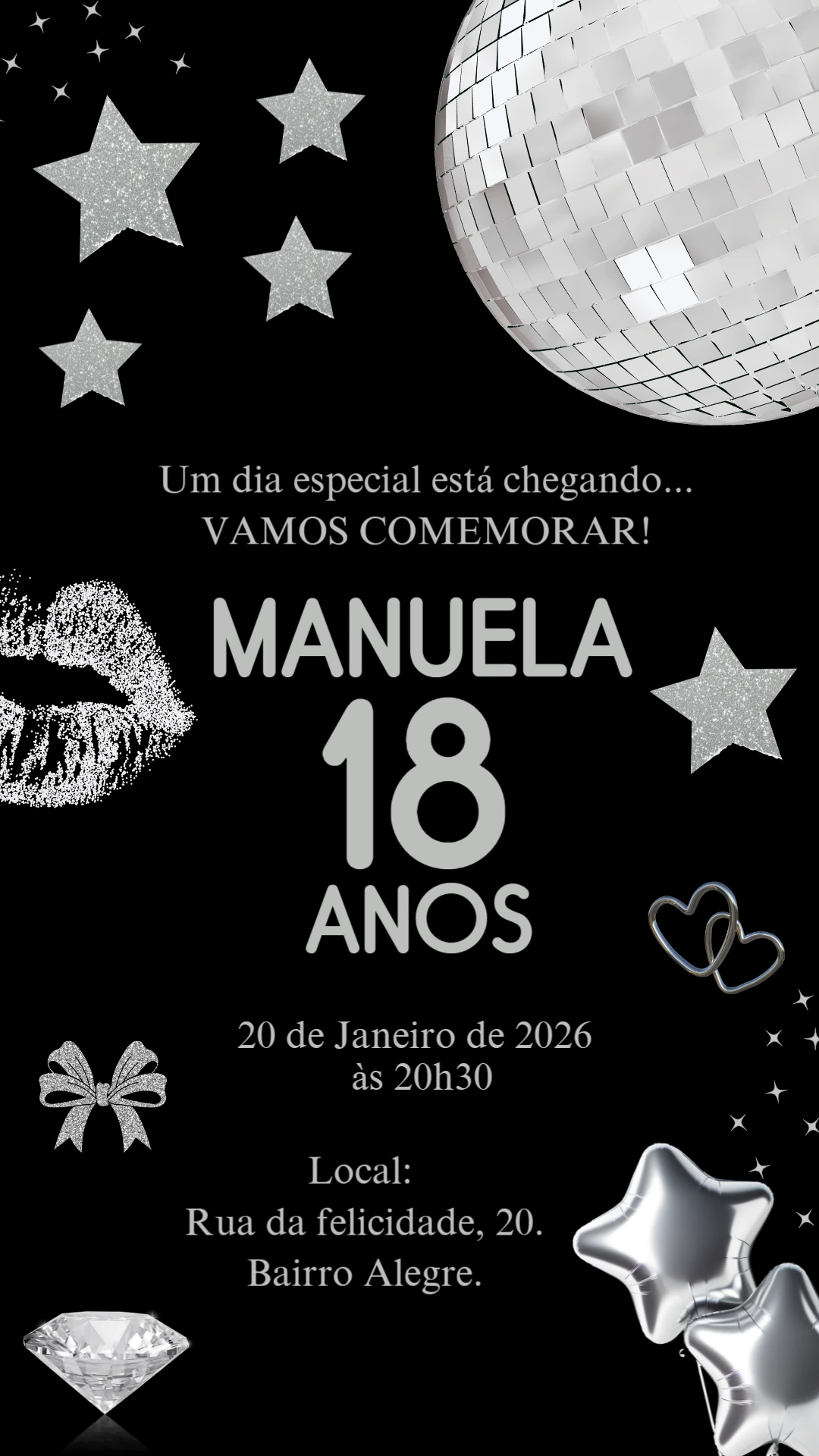 Convite de Aniversário Preto e Prata Glamour para Editar Online