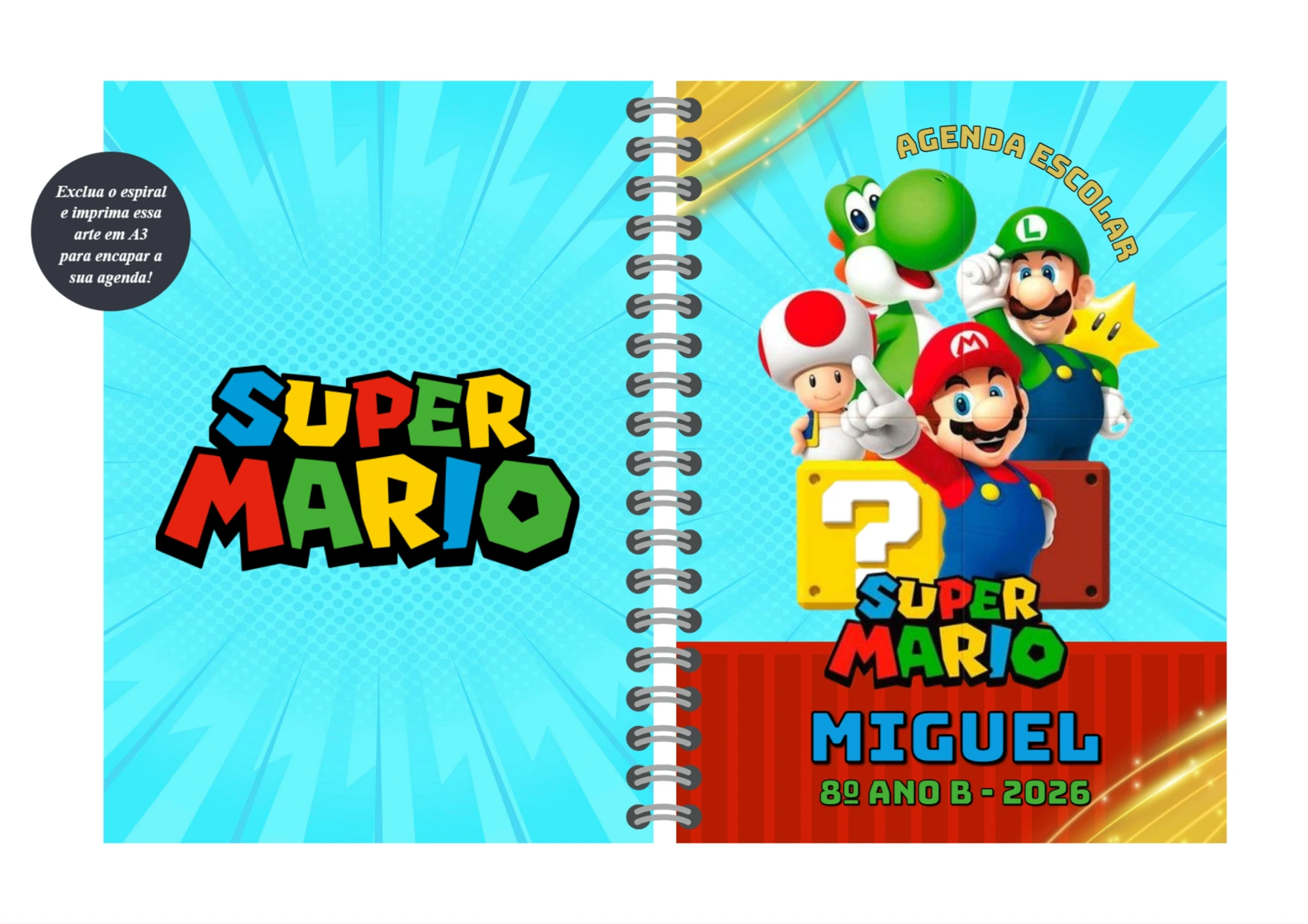 Capa de Agenda Super Mario com Personagens para Editar Online