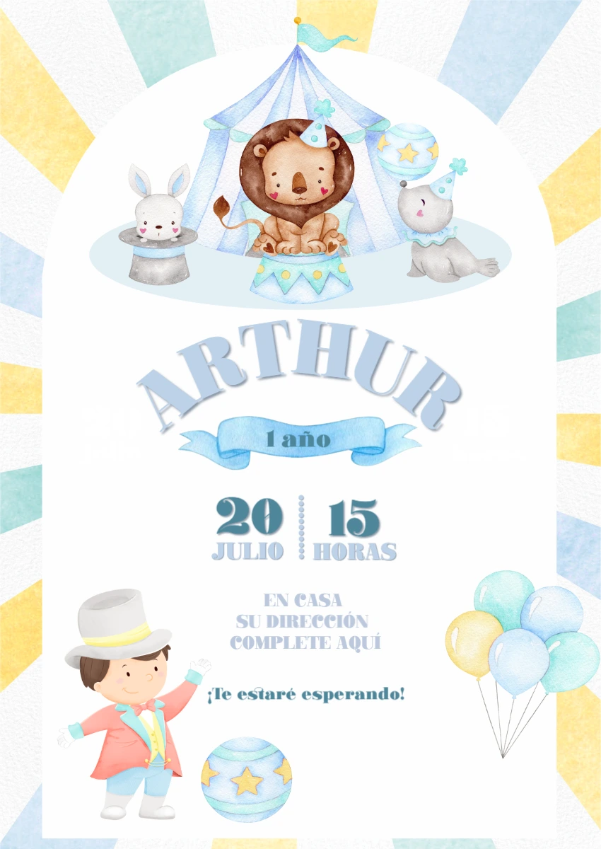 Invitación de Cumpleaños Circo de Animales Acuarela para Editar