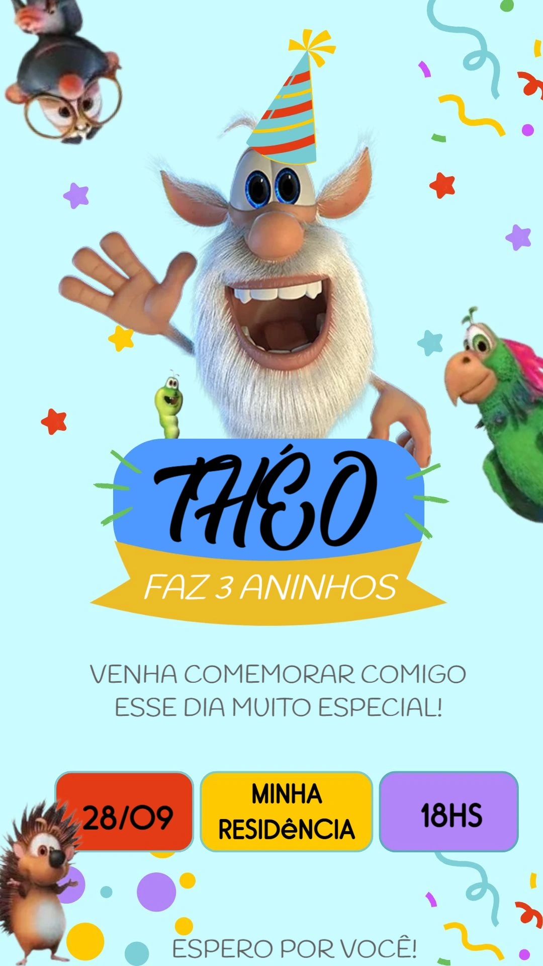 Convite de Aniversário Booba com Personagens para Editar Online