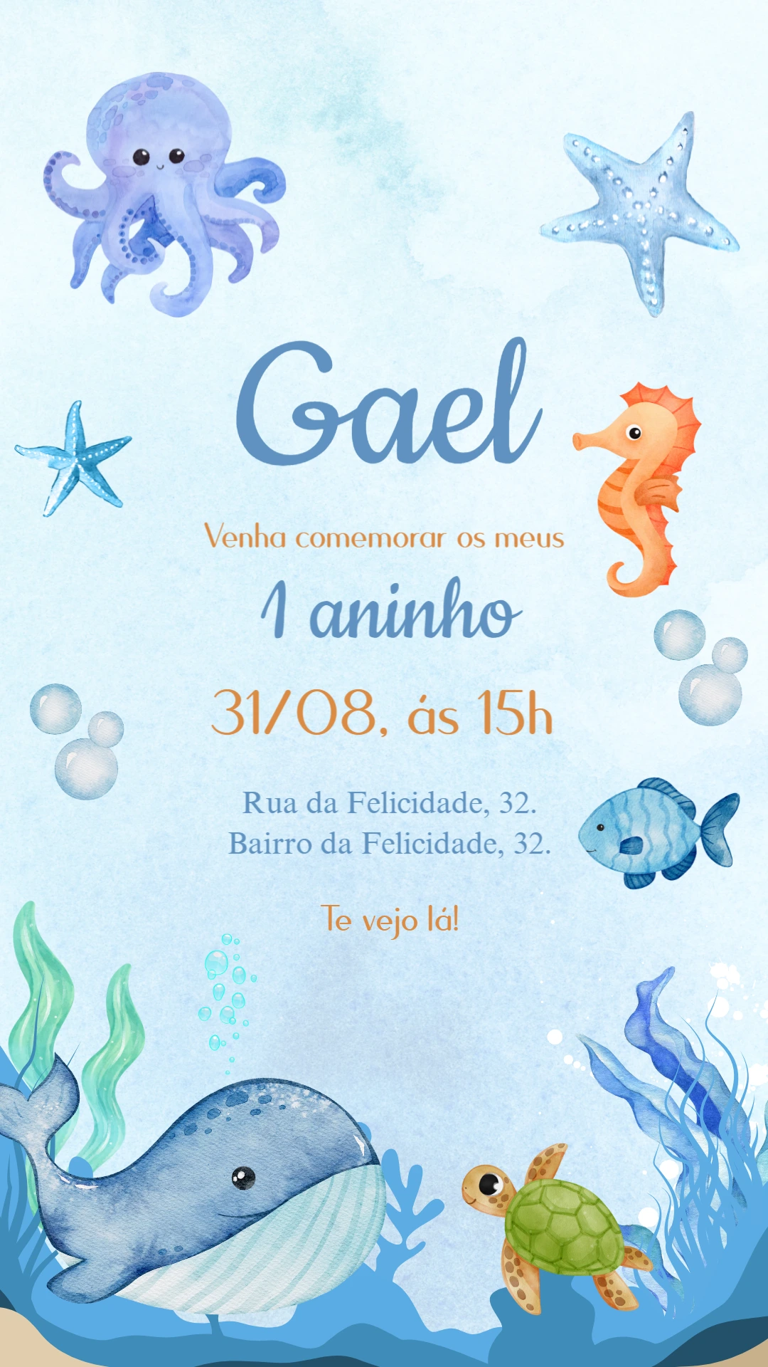Convite Aniversário Fundo do Mar com Animais para Editar Online