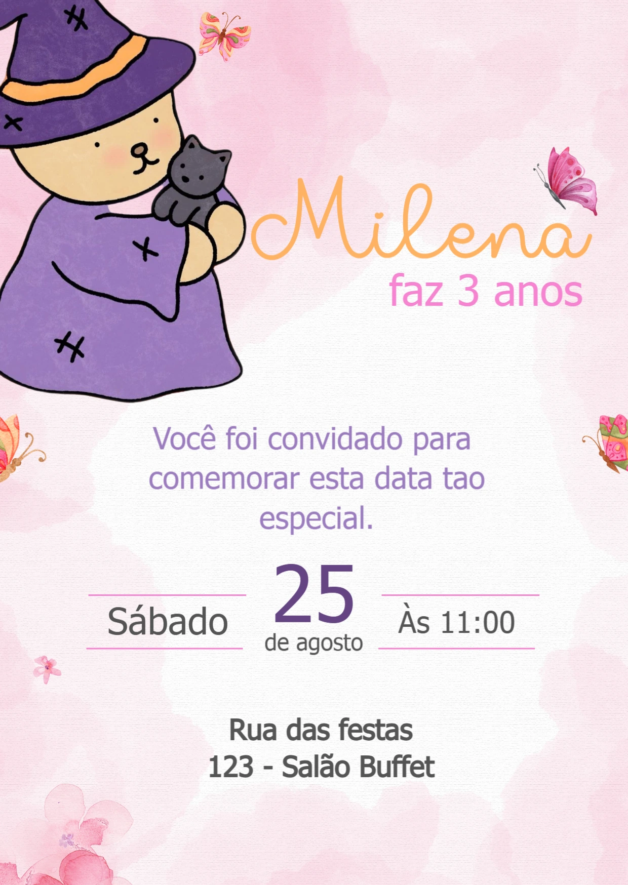 Convite Aniversário Ursinha Bruxinha Fofa para Editar Online