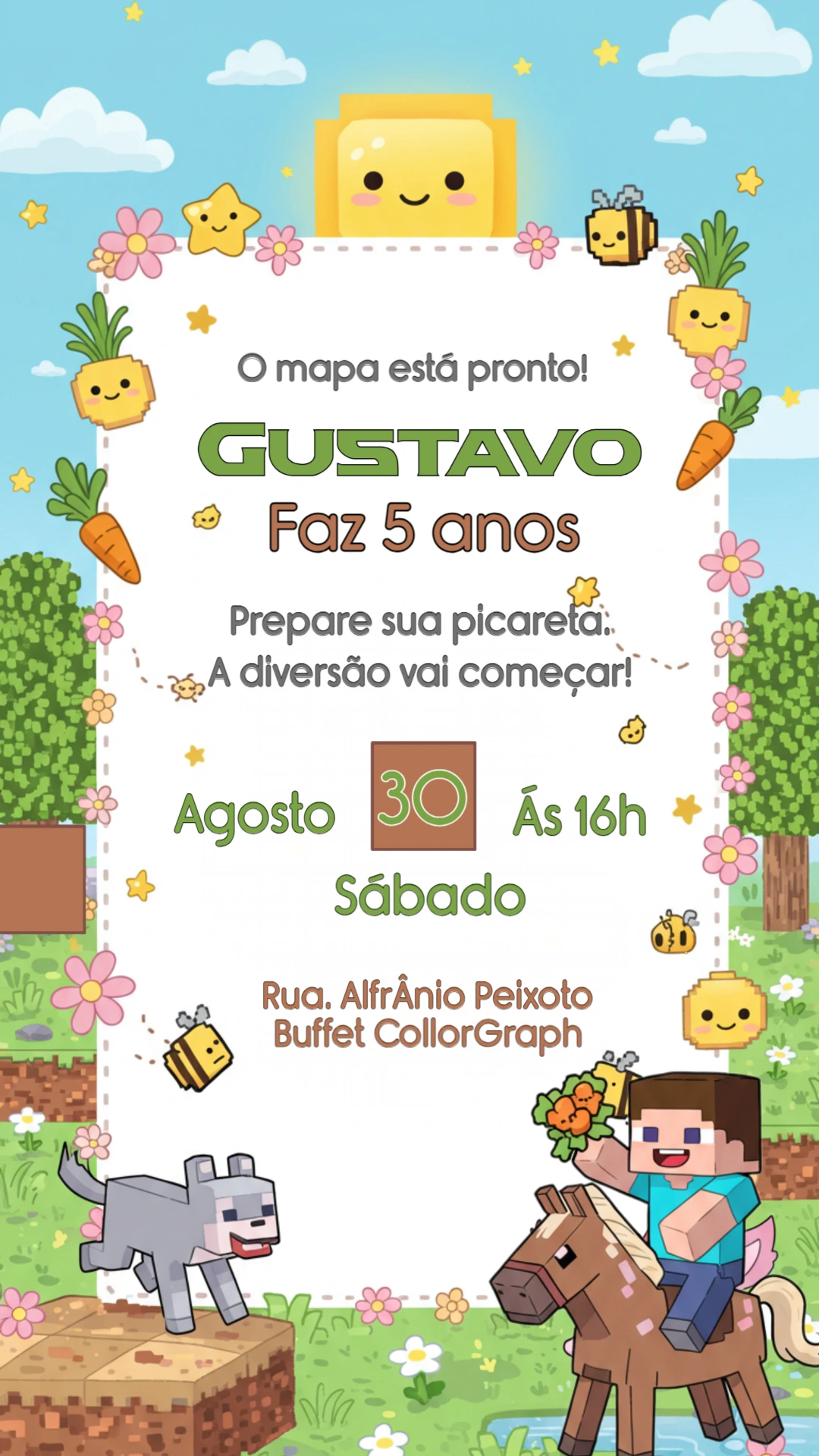 Convite Aniversário Minecraft Fofo para Editar Online