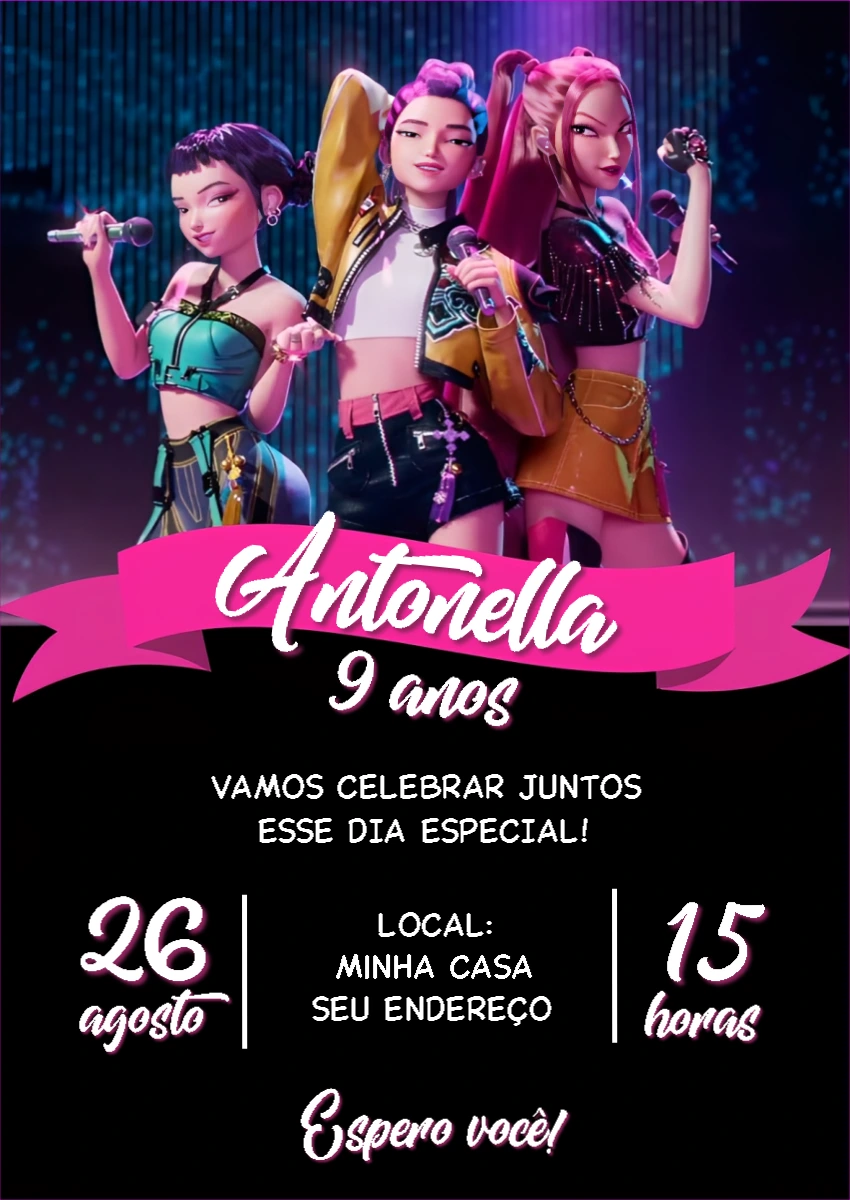 Convite Aniversário Guerreiras do K-pop para Editar Online