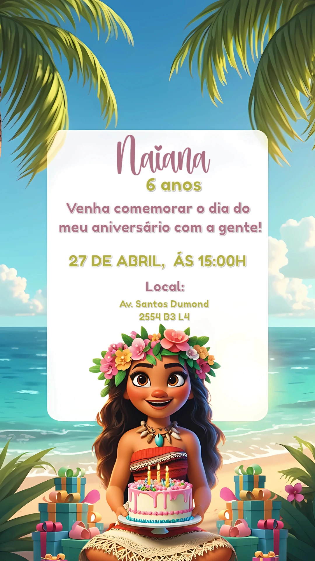 Convite de Aniversário Moana para Editar Online e Imprimir