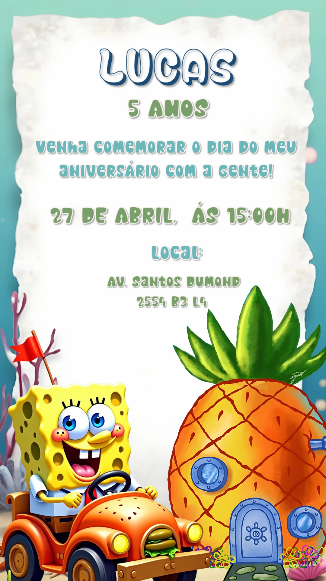 Convite de Aniversário Bob Esponja para Editar Online