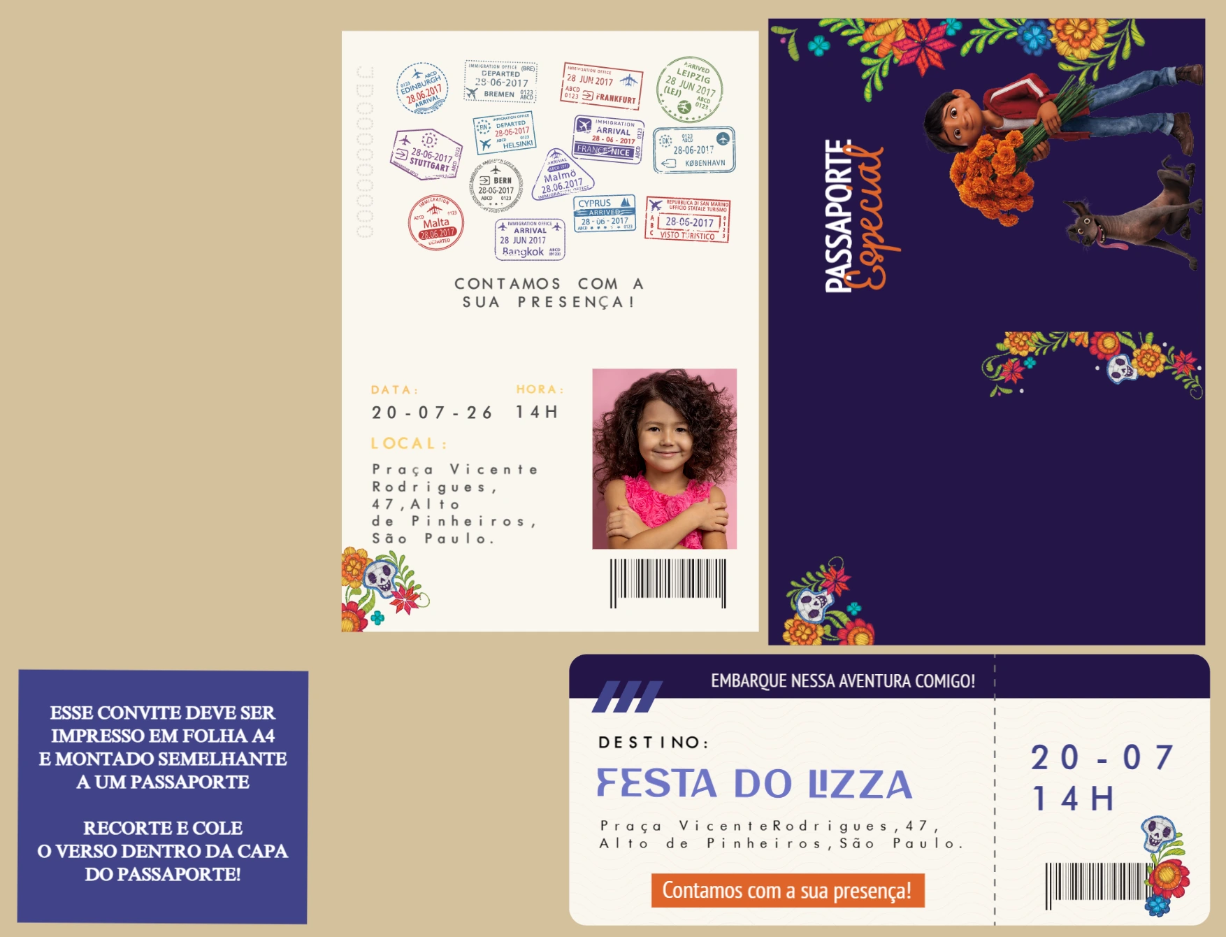 Convite de Aniversário Passaporte tema Viva para editar online