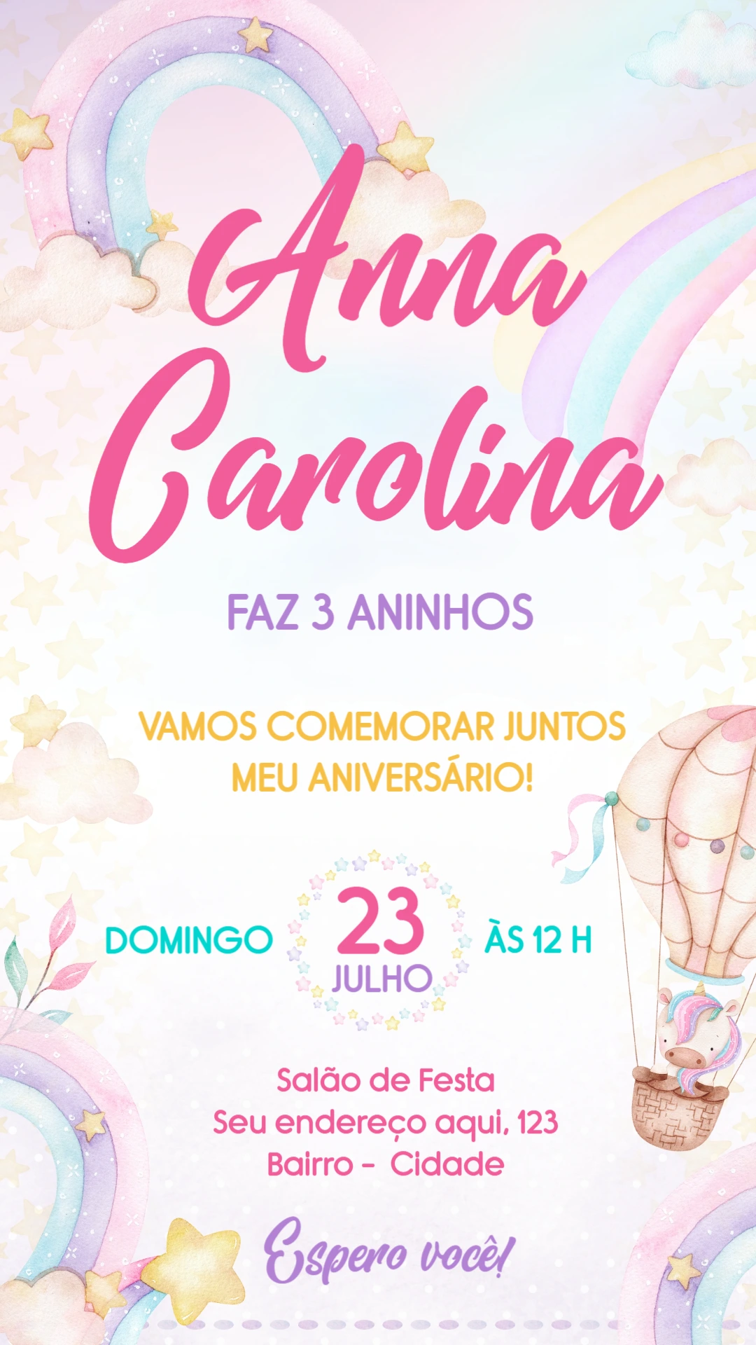 Convite Aniversário Unicórnio Arco-Íris para Editar Online
