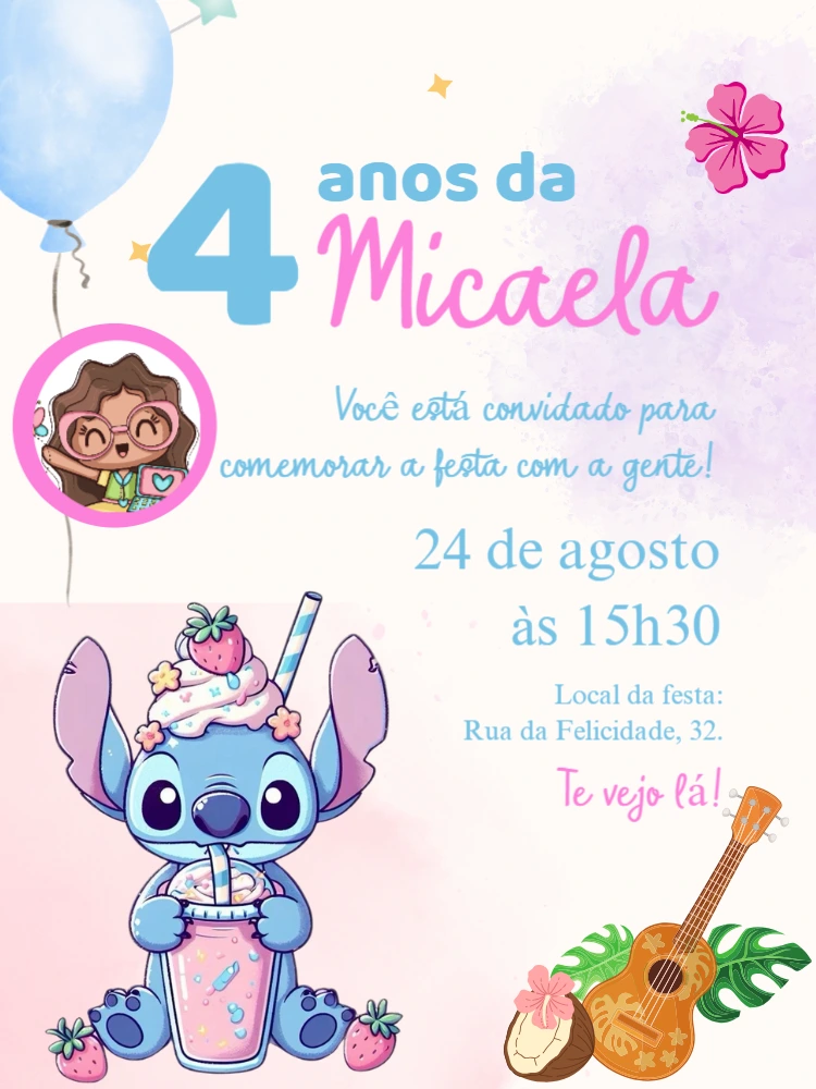 Convite Aniversário Stitch com Foto para Editar Online