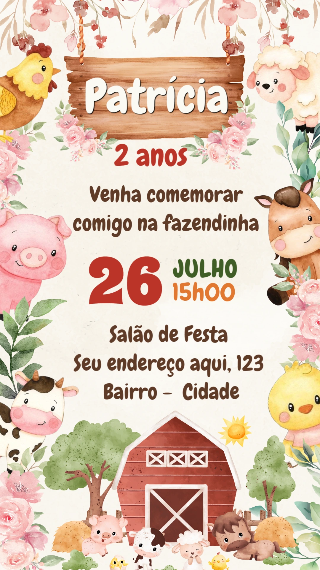 Convite Aniversário Fazendinha com Animais para Editar Online