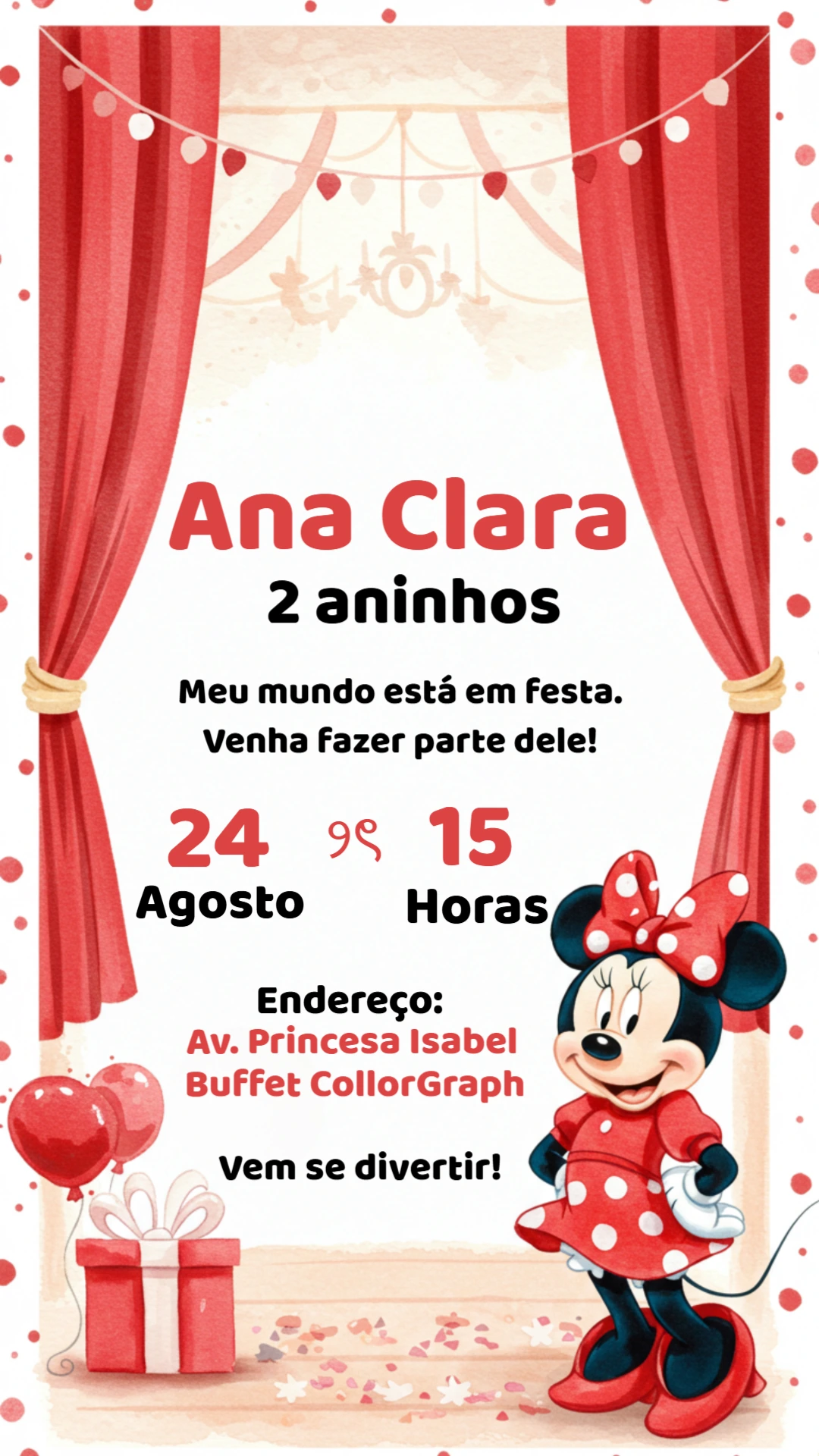 Convite Aniversário Minnie Vermelha para Editar Online