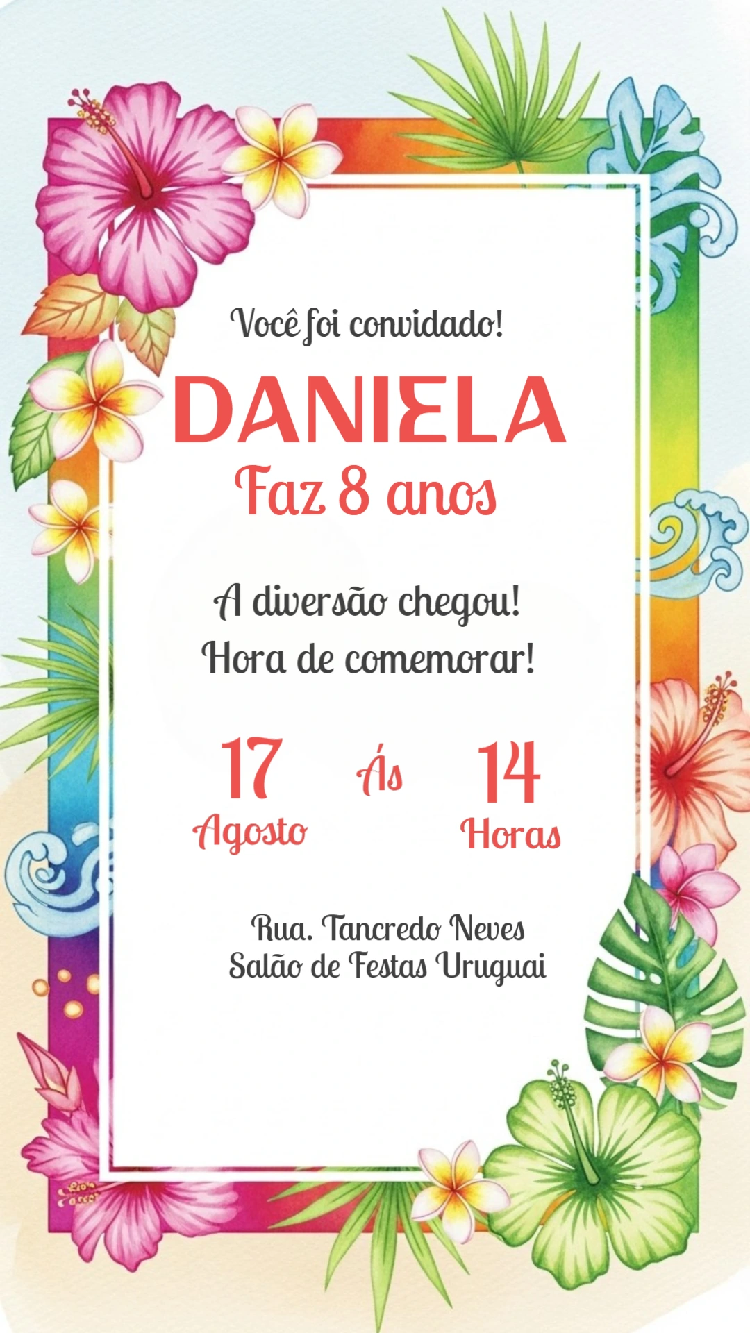 Convite Aniversário Verão Tropical com Flores para Editar Online