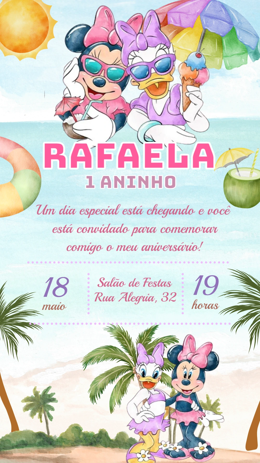 Convite Aniversário Minnie e Margarida Pool Party para Editar
