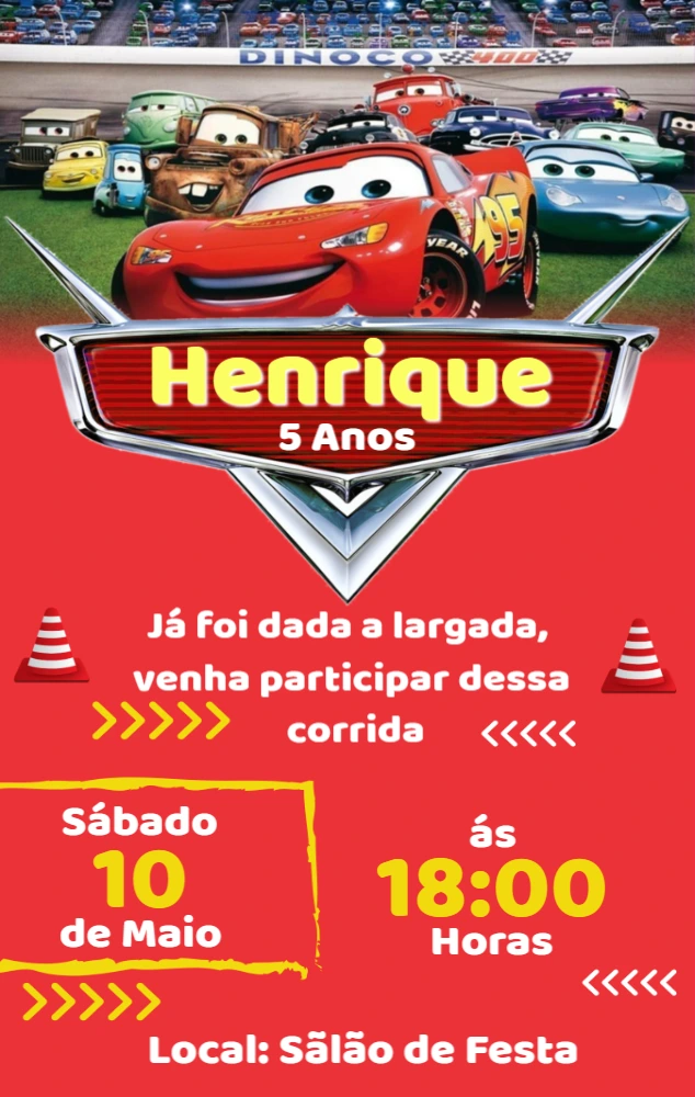 Convite de Aniversário Carros Disney para Editar e Imprimir