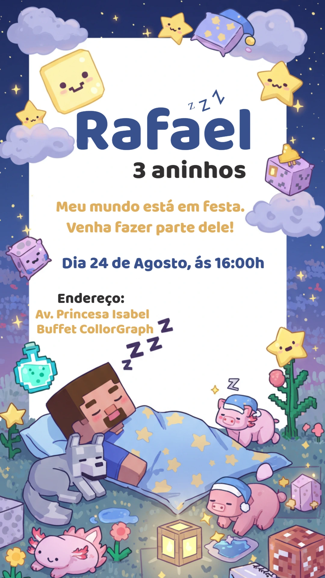 Convite Festa do Pijama Minecraft para Editar e Imprimir