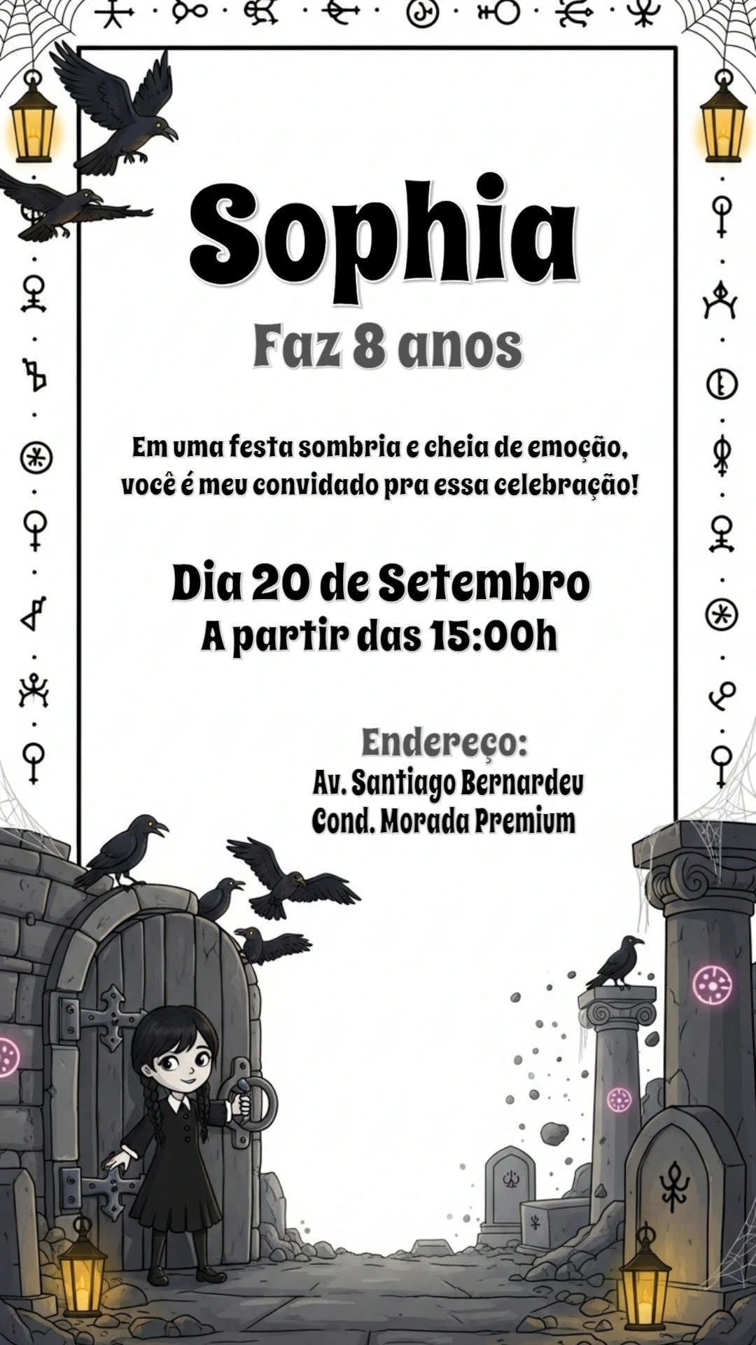 Convite Aniversário Wandinha Addams para Editar Online