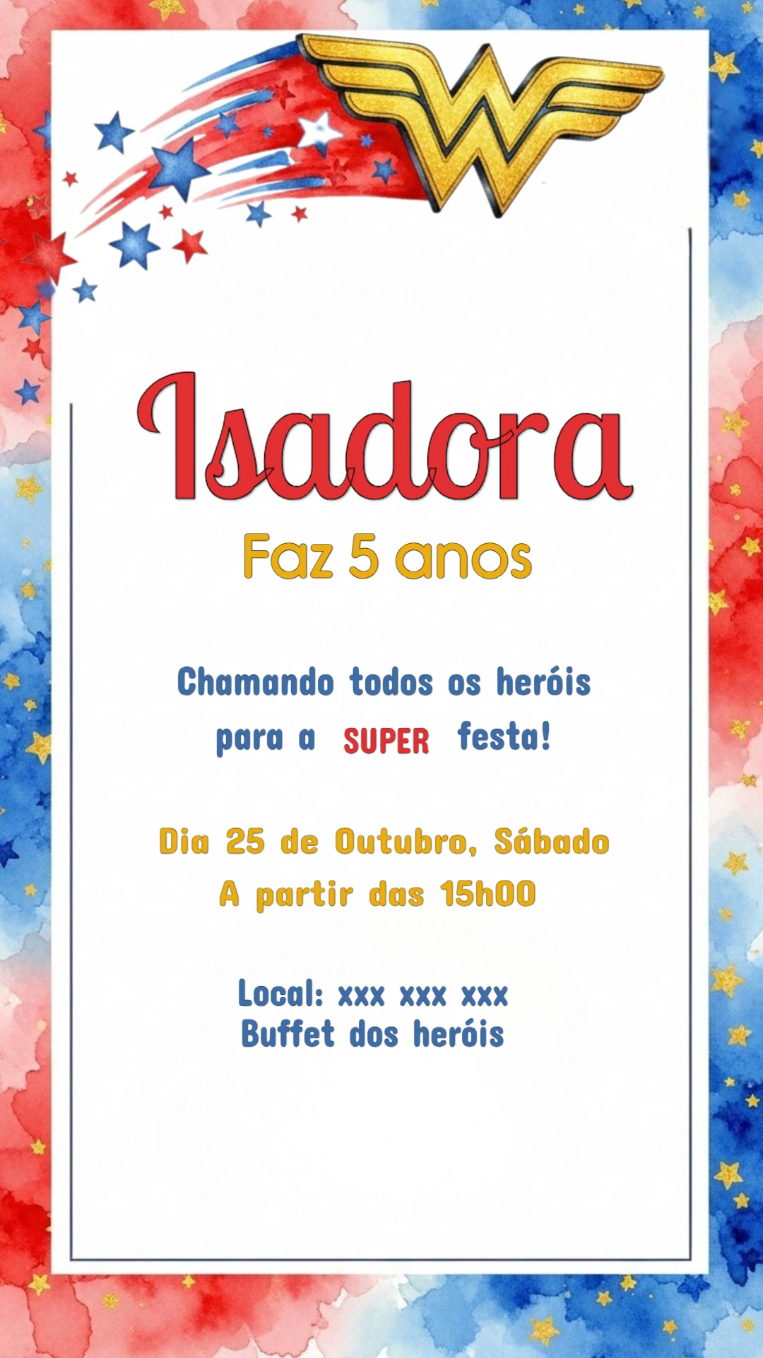 Convite Aniversário Mulher Maravilha para Editar Online