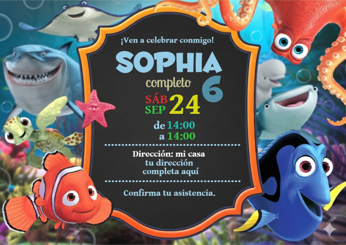 Invitación de Cumpleaños Buscando a Dory para Editar Online