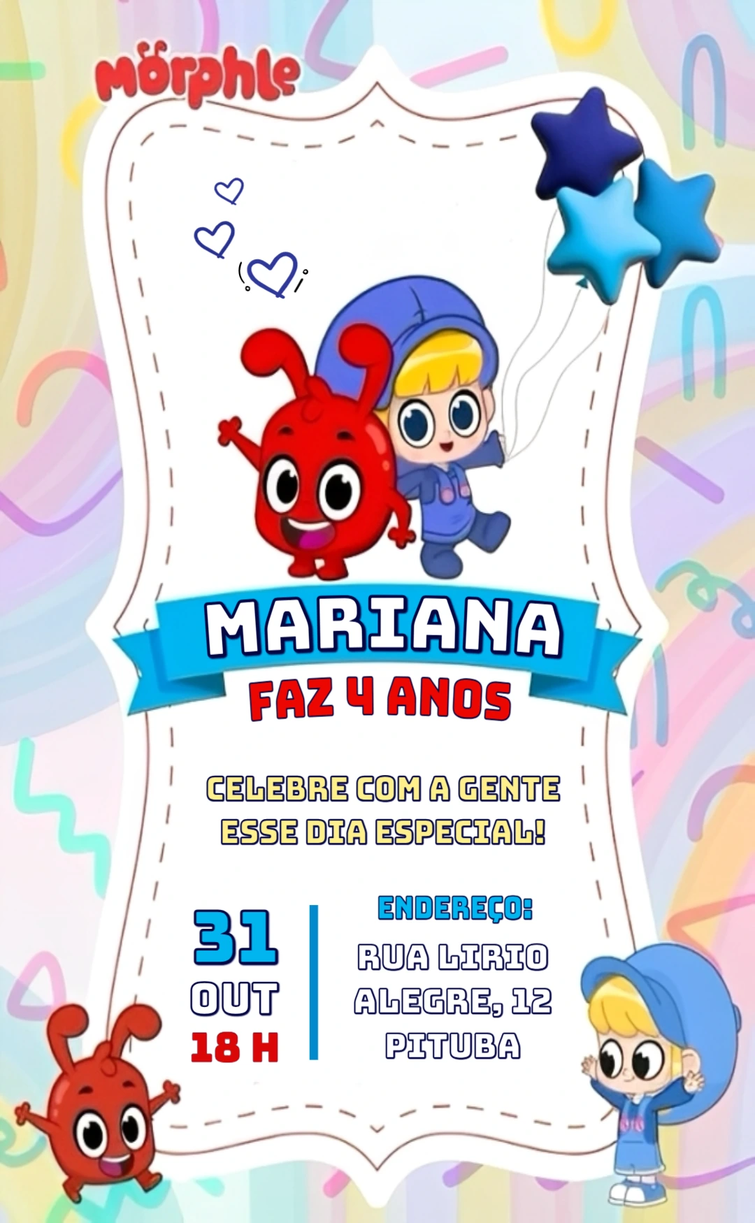 Convite de Aniversário Morphle para Editar Online